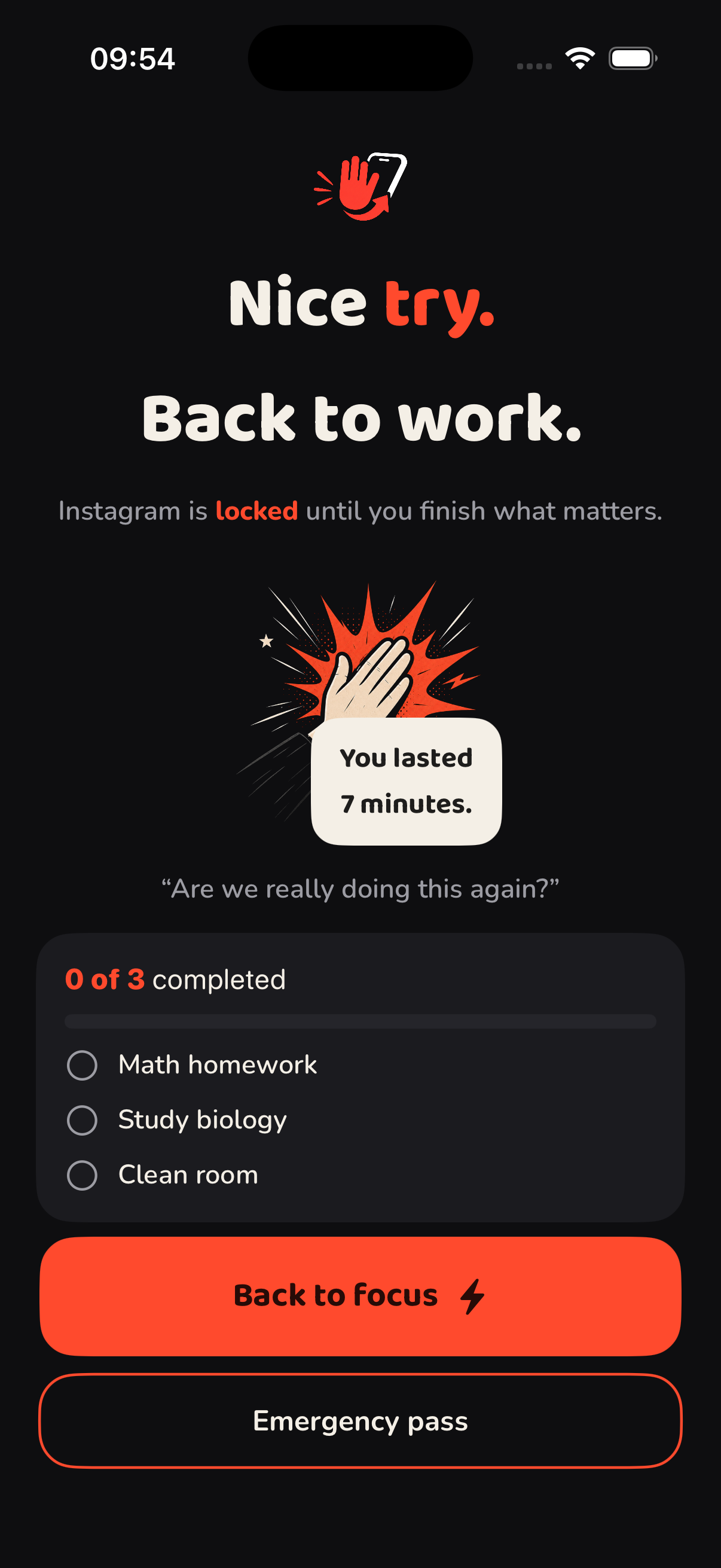 Slapback slap screen: Nice try. Back to work.